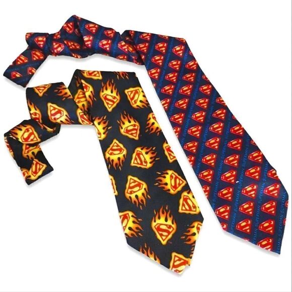 2 VTG DC Comics Superman Logos Black Blue Satin Neck Ties Bundle - Picture 1 of 16